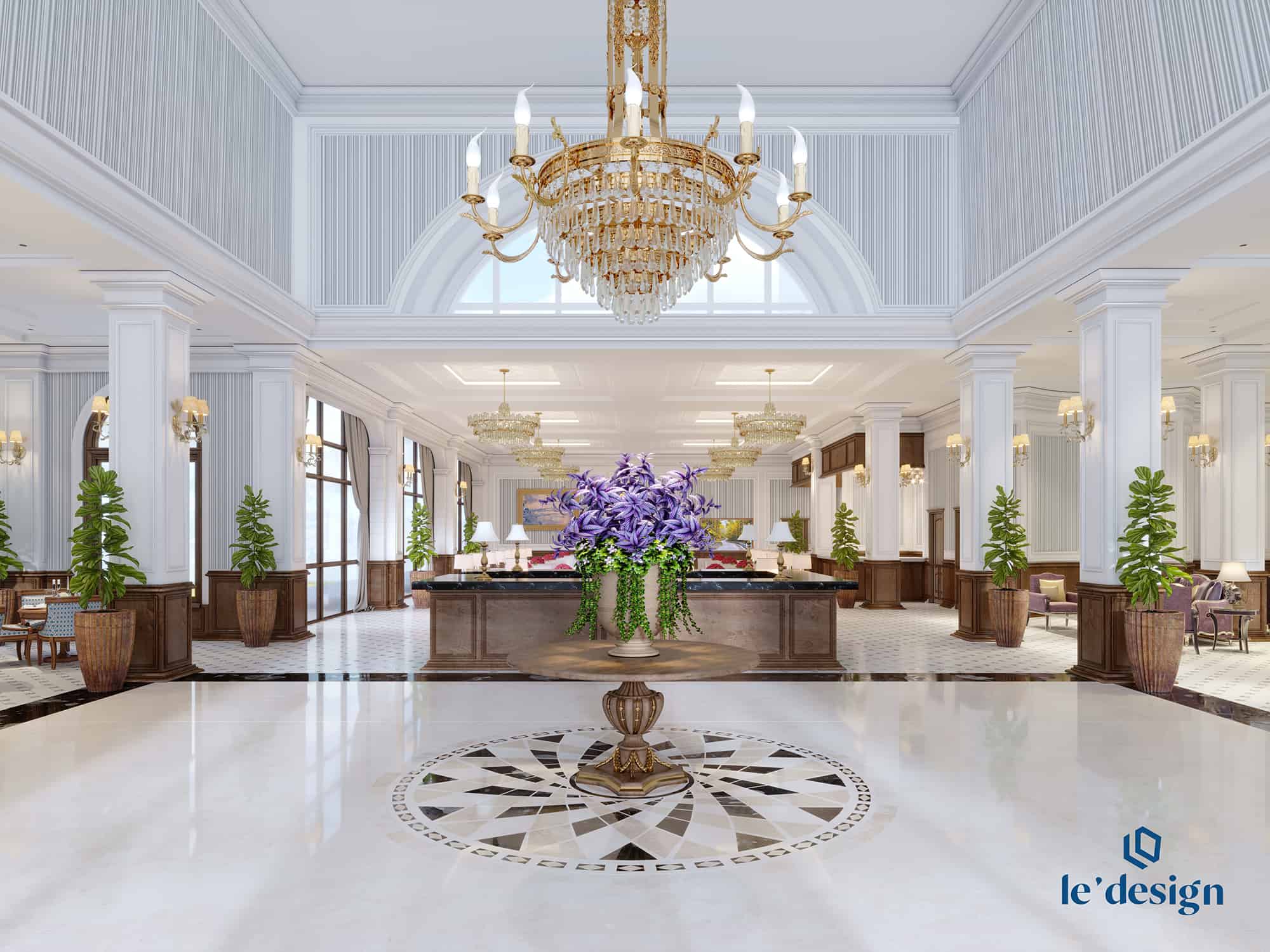 luxury entrance in classic hotel with a large bouquet of flowers