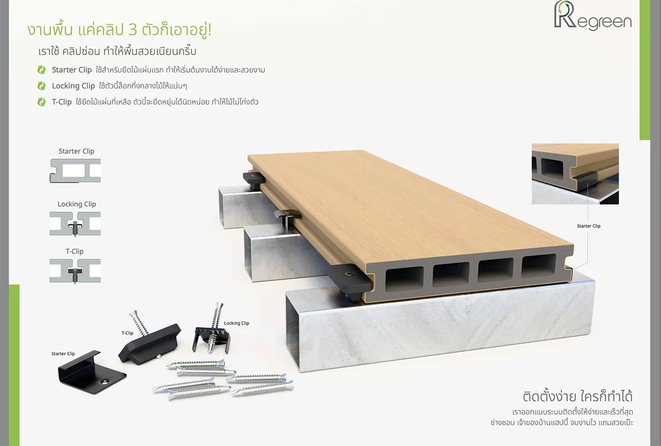 พื้นไม้เทียม Regreen ติดตั้งง่าย ด้วยคลิป 3 ตัว ก็เอาอยู่ ติดตั้งแบบคลิปซ่อน ทำให้พื้นสวยเนียบกริบ สวยงามเนียนตา 