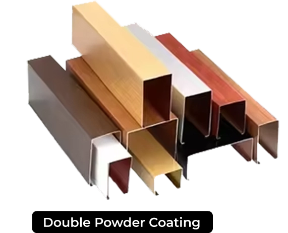 ระแนงอลูมิเนียมกลุ่มทำสีลายไม้ด้วยการพ่นสีฝุ่นสองชั้น (Double Powder Coating)
