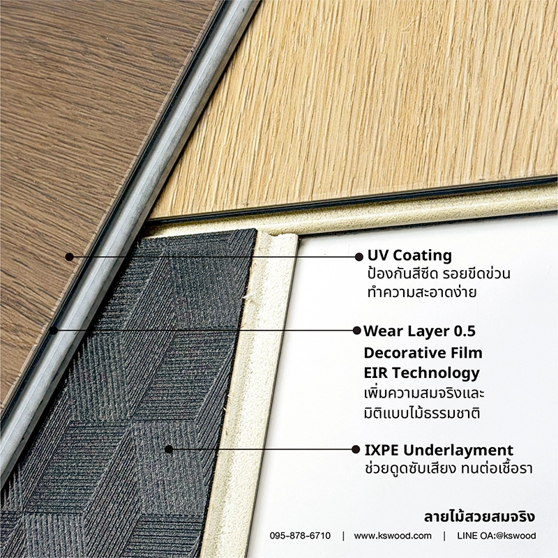 พื้นกระเบื้องยาง SPC ของ K.S. WOOD รุ่น Hybrid Plus+ Flooring by NewTechWood Interiors เคลือบ UV Coating พิมพ์ลายไม้ด้วยเทคโนโลยี EIR และมีโฟม IXPE ช่วยดูดซับเสียงขณะเดิน ทนต่อเชื้อรา